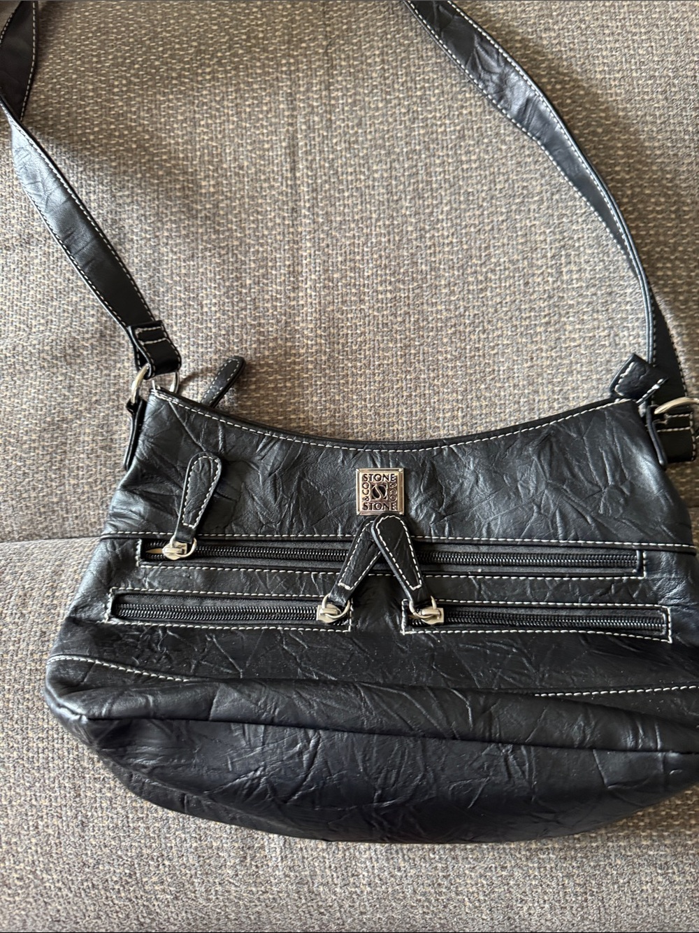 Stone & Co. Black Faux Leather Shoulder Bag with Dual Zips